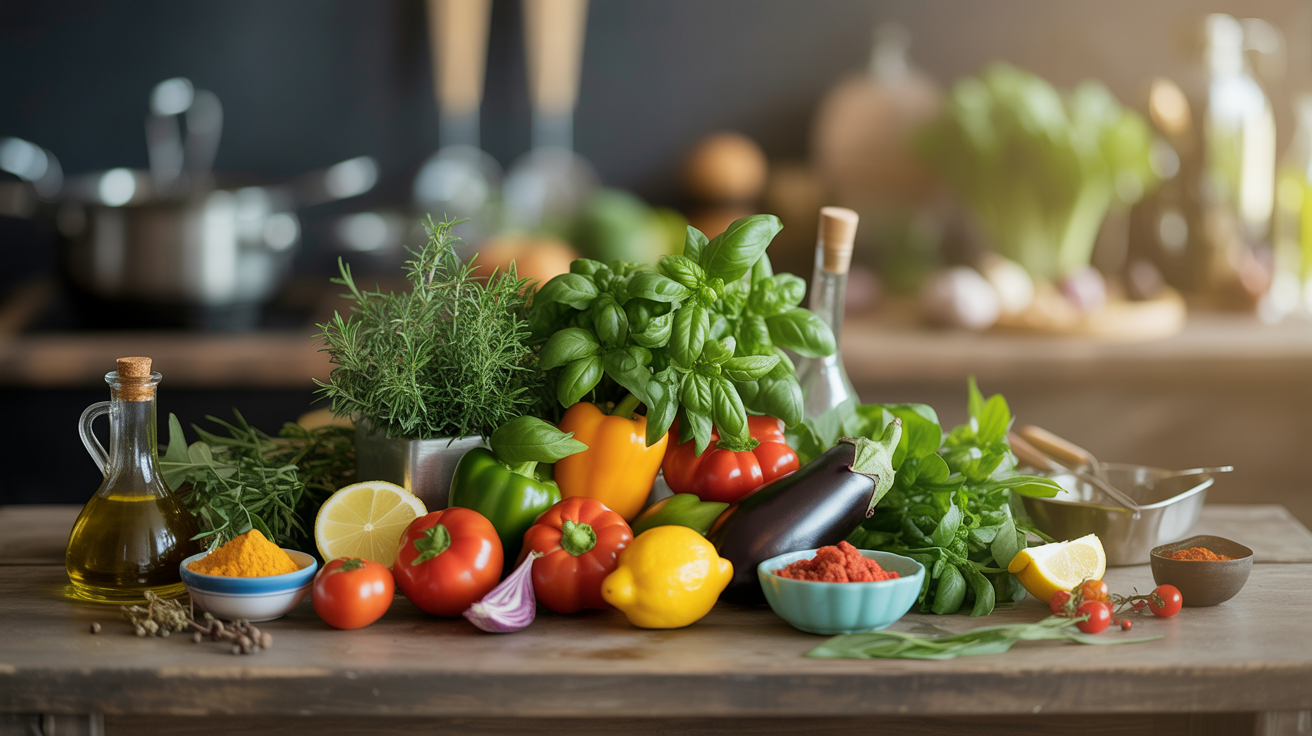 Fresh colorful ingredients for cooking delicious seasonal recipes - vegetables, herbs, and spices